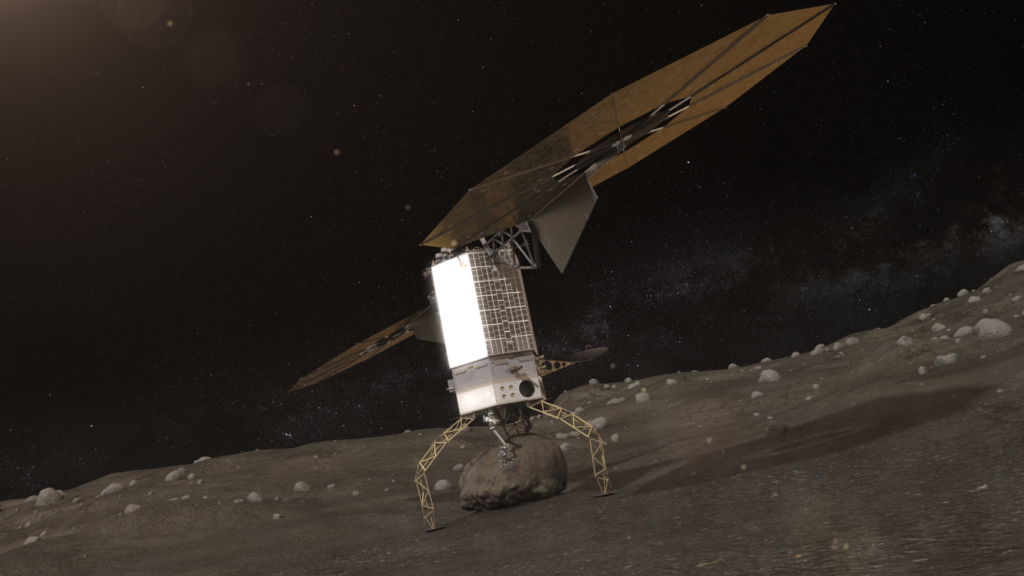 小惑星表面で岩をつかむアーム探査機