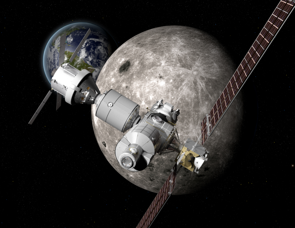 地球−月間の軌道上にある「ディープ・スペース・ゲートウェイ」の想像図