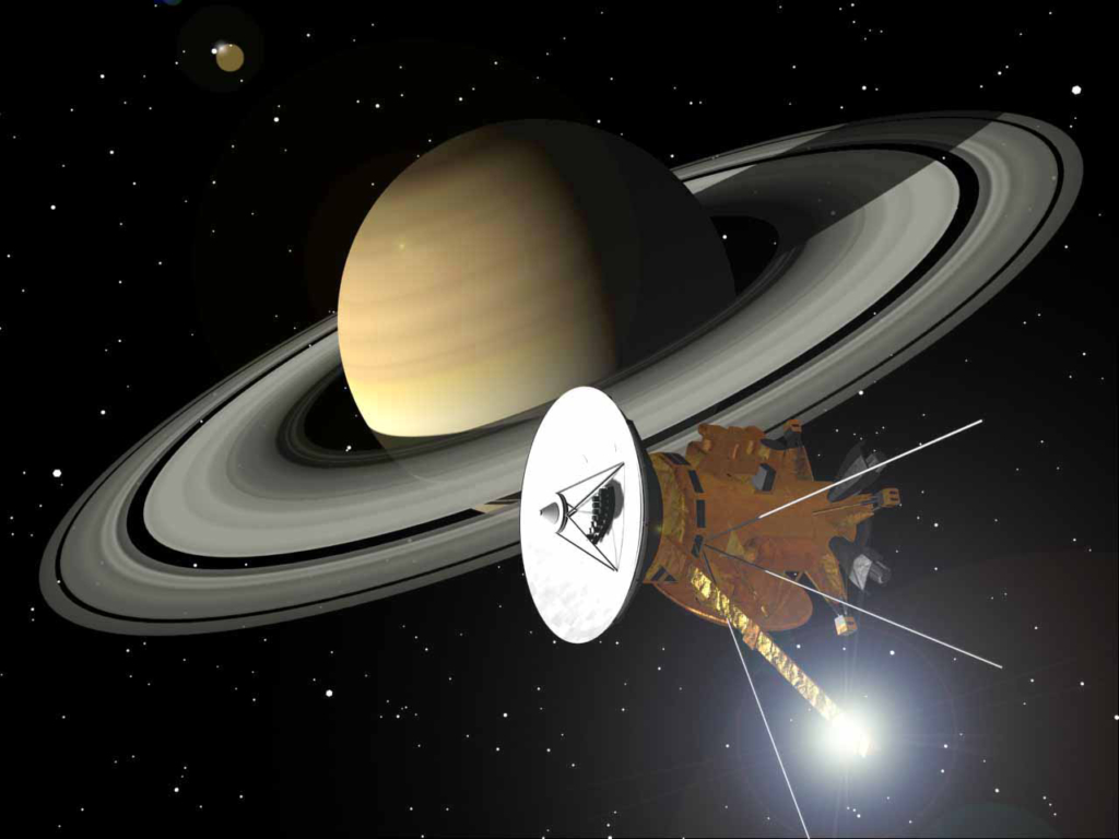 土星周回軌道に入るカッシーニ探査機の想像図