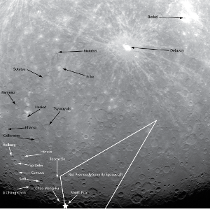 メッセンジャーの水星周回軌道投入後の初画像(説明入り)