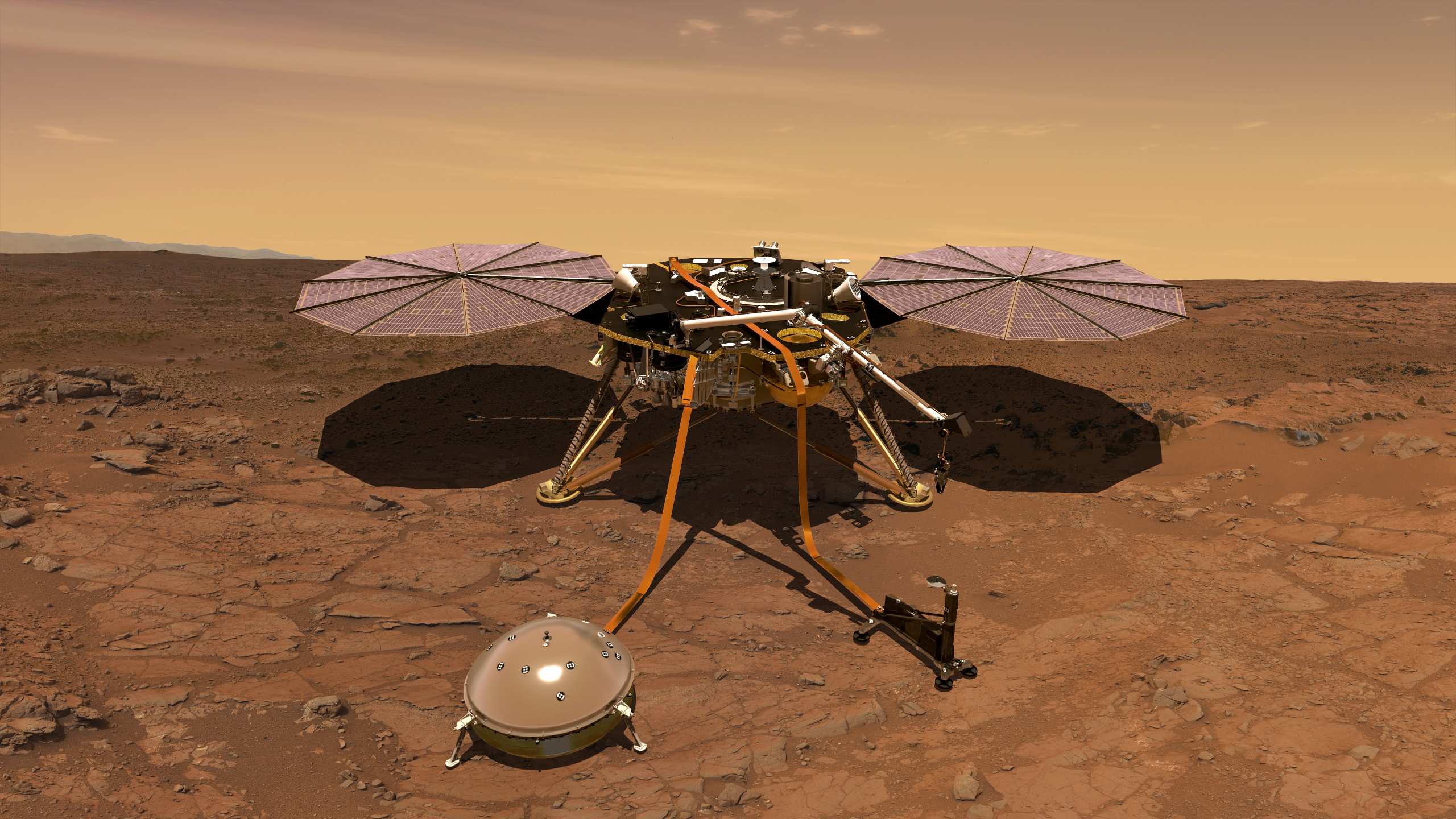 火星表面に着陸したインサイト探査機の想像図