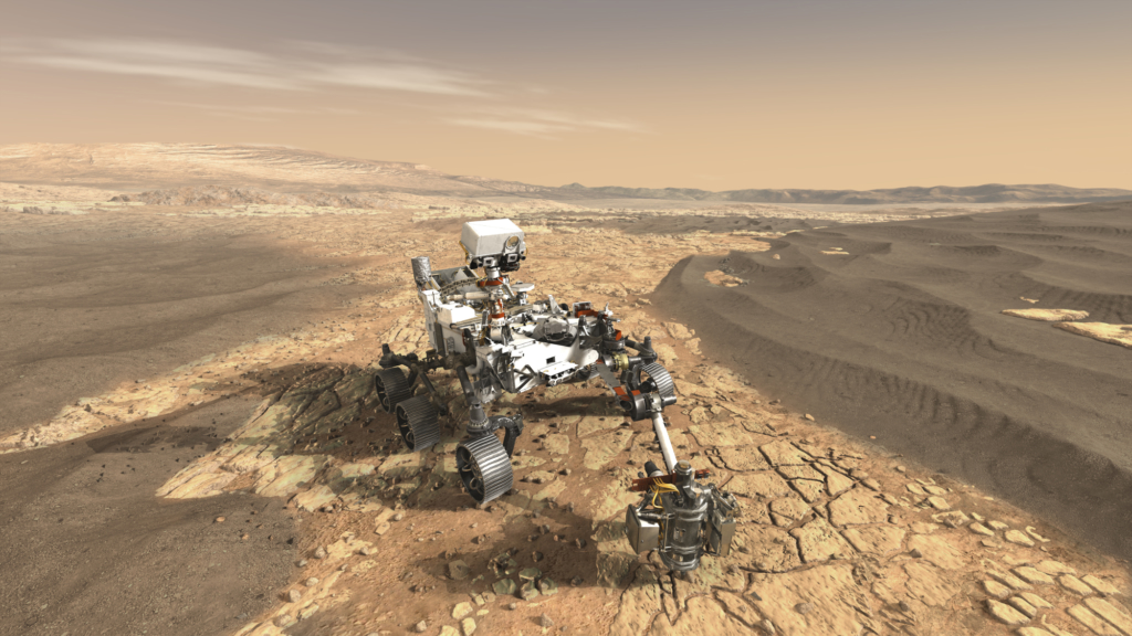 火星表面でサンプルを採集するマーズ2020ローバーの想像図
