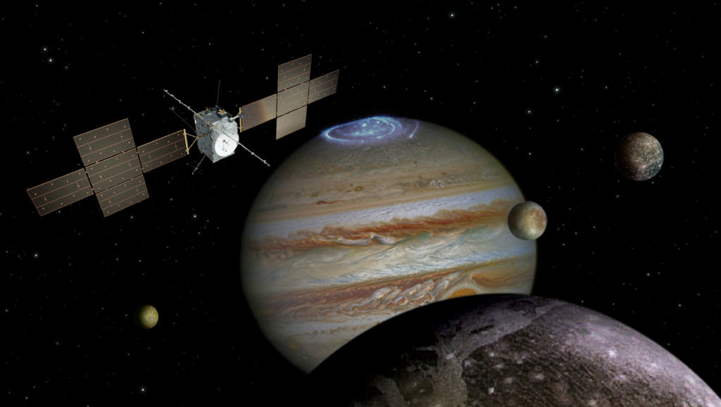 木星と木星の衛星を探査するジュース探査機の想像図