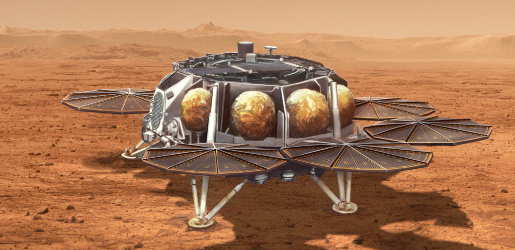 火星に着陸した火星サンプルリターン探査機(着陸機)の想像図